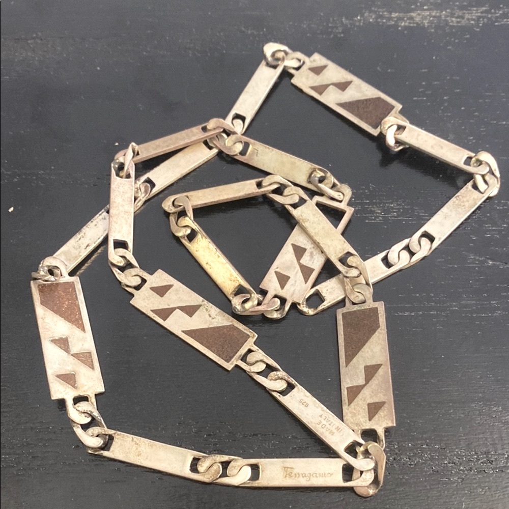 Salvatore Ferragamo silver and Brown Geometric 925 silver Chain Belt